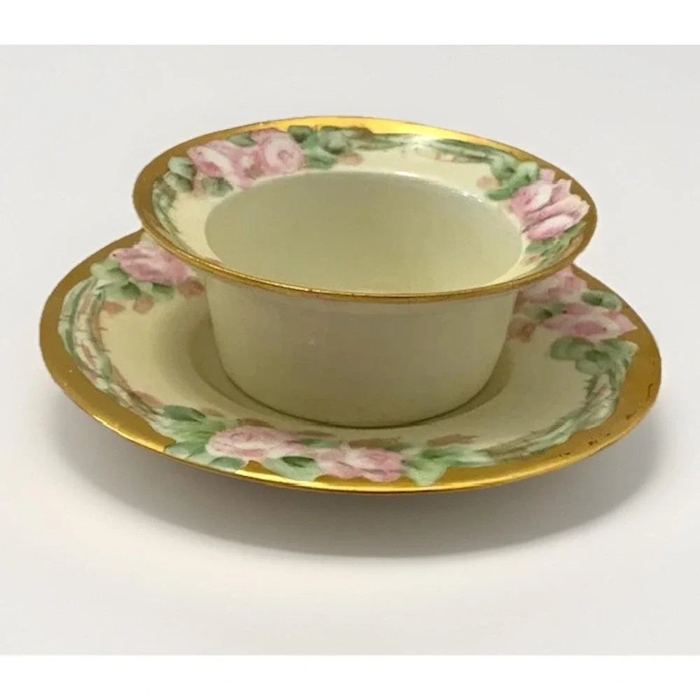 Antique Ramekin and Saucer Weimar Regency Side Dish Hand Painted Gold Rose VTG